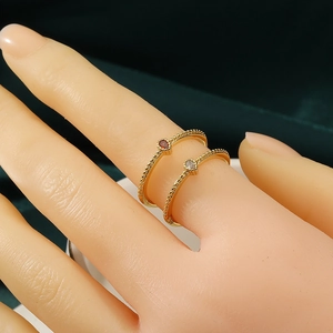 Exquisite 18K gold plated teardrop rings with red and clear gemstones on beaded bands