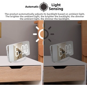 Dual view showing LED mirror clock auto-dimming function in different light conditions