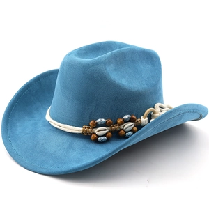 Detail of blue suede cowboy hat featuring white woven cord with shells and wooden beads