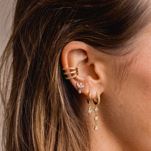 Detail view of S925 silver ear cuff set with lightning and flower zircon charms on ear