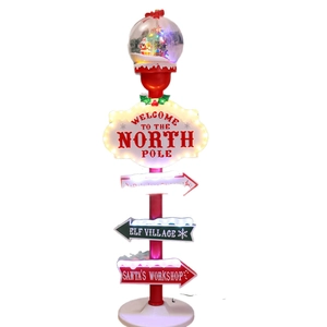 Lighted Christmas signpost globe with Santa, North Pole and Elf Village directions