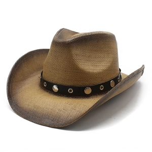 Chapeau de cowboy classique en paille avec dégradé marron et bande en cuir clouté