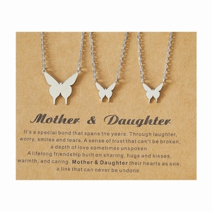 Silver stainless steel mother and daughter butterfly necklaces set with greeting card