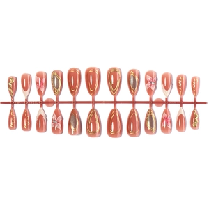 Set 24 unghie finte a mandorla con linee dorate e motivi floreali rosa su sfondo bianco