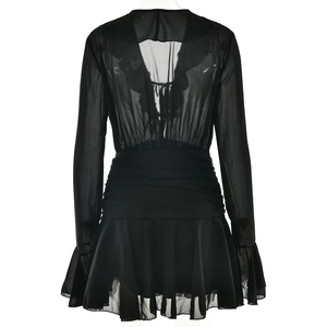 Close-up of sexy deep V-neckline and sheer chiffon sleeves with ruffled cuff details