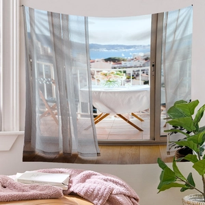 Detail of wall tapestry featuring Mediterranean sea view and balcony for room decor