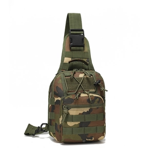 Tactical chest bag detail featuring MOLLE system and jungle camouflage pattern