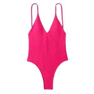 Sexy magenta one-piece swimsuit with V-neckline and high-cut leg design for beach