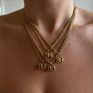 Gold year number necklaces 1993 1994 1998 1999 on layered figaro chains for women