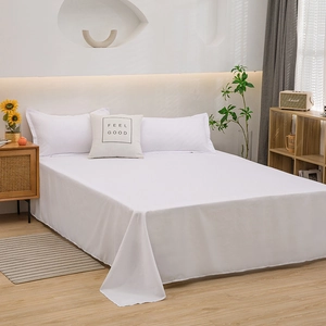 Minimalist white washed cotton bedding set with sheets and pillowcases on wooden bed