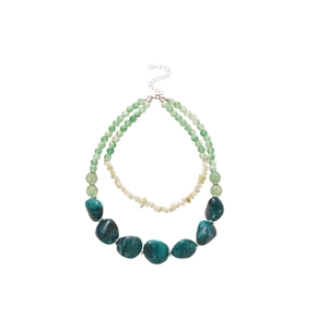 Double-layered necklace with green marble stones and acrylic beads on white background