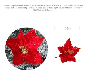 Detail view of 28cm red velvet poinsettia with gold glitter edges for Christmas tree decor