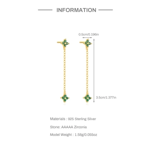 S925 sterling silver gold-plated clover tassel earrings with green zircon stones