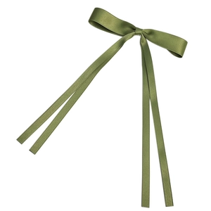 Elegant dark green satin bow hair clip with long ribbon streamers in minimalist style