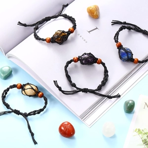 Bracciale In Corda Intrecciata A Mano Con Pietra Grezza Di Cristallo Naturale Sacchetto A Rete Regolabile Perline In Legno