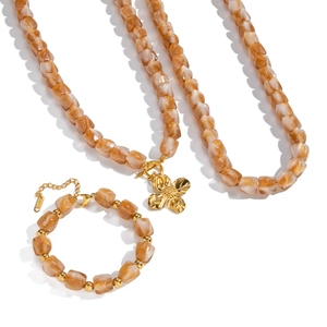 Brown amber resin beaded necklace and bracelet set with gold stainless steel flowers