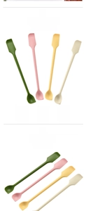Close-up of double-headed silicone jam spatulas with long handles in four soft pastel colors