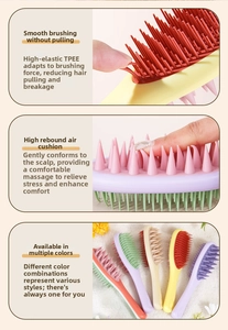 Macro view of flexible TPEE bristles and air cushion massager on long-handle hair brush