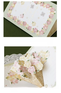 Detail of 3D floral pop-up card featuring a green cover and intricate flower basket design