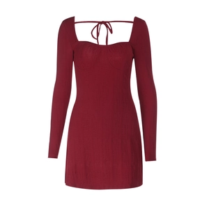 Textured wine red mini dress with square neck and open tie back in a minimalist style