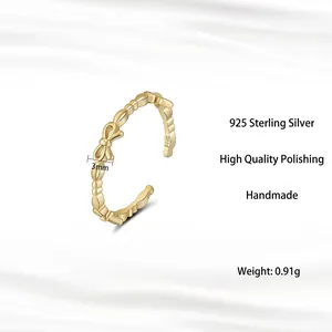 Minimalist S925 sterling silver bow open ring with 3mm width and polished gold finish