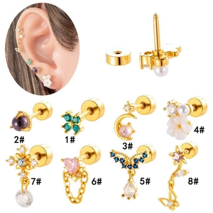 Gold stainless steel cartilage piercings with micro-set zircon and pearl designs