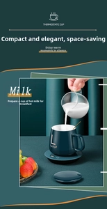 Detail of green ceramic mug set with smart heater base and liquid pouring motion