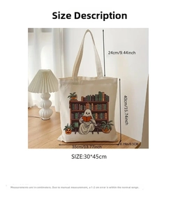 Size chart showing dimensions of the Halloween ghost reading book canvas tote bag