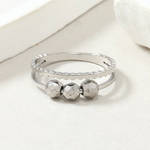 Double-layered silver titanium steel ring with three movable faceted beads for anxiety relief