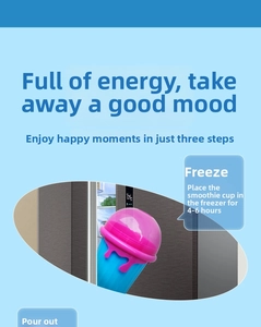 Detail guide showing 500ml slushy maker cup freezing process for 4-6 hours in blue and pink