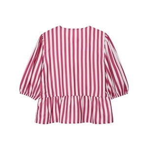 Pink and white striped short sleeve shirt with puff sleeves and ruffle hem