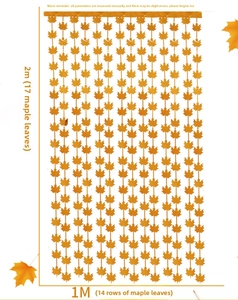 Specifications for maple leaf foil curtain showing 1x2m size and 14 strings of 17 leaves