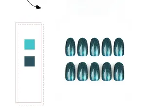 Detail of 10-piece cat-eye blue-green oval press-on nails with shimmering glitter finish
