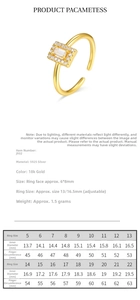 Detailed size chart for 925 sterling silver adjustable ring with finger circumference