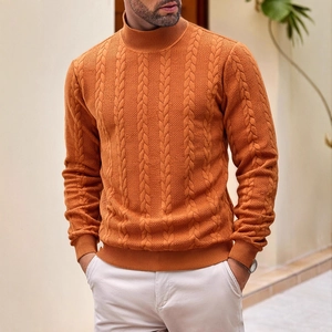 Men's orange cable knit turtleneck sweater with premium textured weave for winter