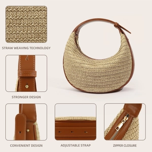 Straw moon-shaped crossbody bag with brown leather trim and adjustable shoulder strap