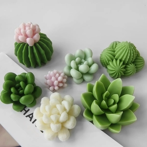 Detailed view of assorted succulent and cactus shaped candles with soft matte textures