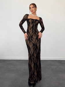 Elegant black lace long dress with square neck and slim fit silhouette for evening wear