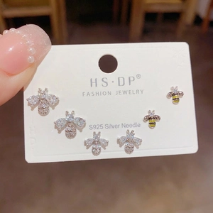 Three-piece bee stud earring set with zircons and S925 silver needles on display card