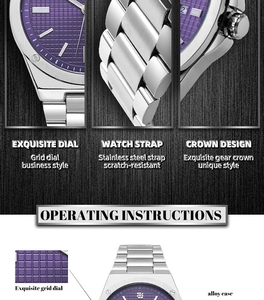 Detail of purple waffle dial with date window and silver stainless steel strap