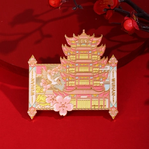 Wuhan Yellow Crane Tower metal fridge magnet with cherry blossom and crane design