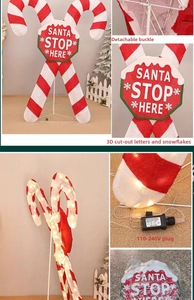 Detail of Santa Stop Here candy cane light with LED beads and detachable metal stand