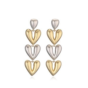 Elegant gold and silver heart-shaped long dangle earrings in a tiered drop design