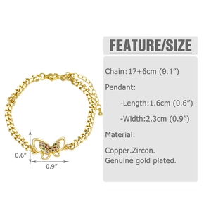 Detail showing gold butterfly pendant with colorful zircons and cuba chain dimensions