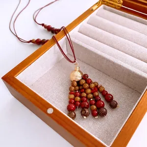 Ethnic Pendant Necklace With Wood And Stone Beads Tassel Long Sweater Chain Retro Bohemian Style For Women