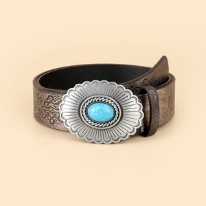 Vintage brown leather belt with floral silver buckle and turquoise stone inlay