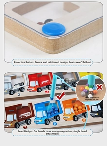 Detail of wooden magnetic color and number maze showing safe plastic buckle and colorful beads