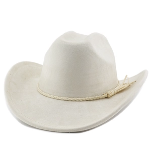 Close-up of beige suede western cowboy hat featuring woven band and side tassel detail