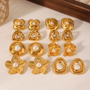 Vintage gold pearl earring set with floral and geometric stainless steel designs