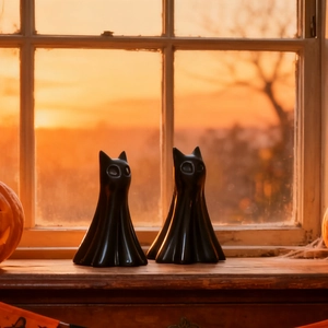 Twee zwart mat spookkattenbeeldjes voor Halloween binnenshuis raamdecoratie